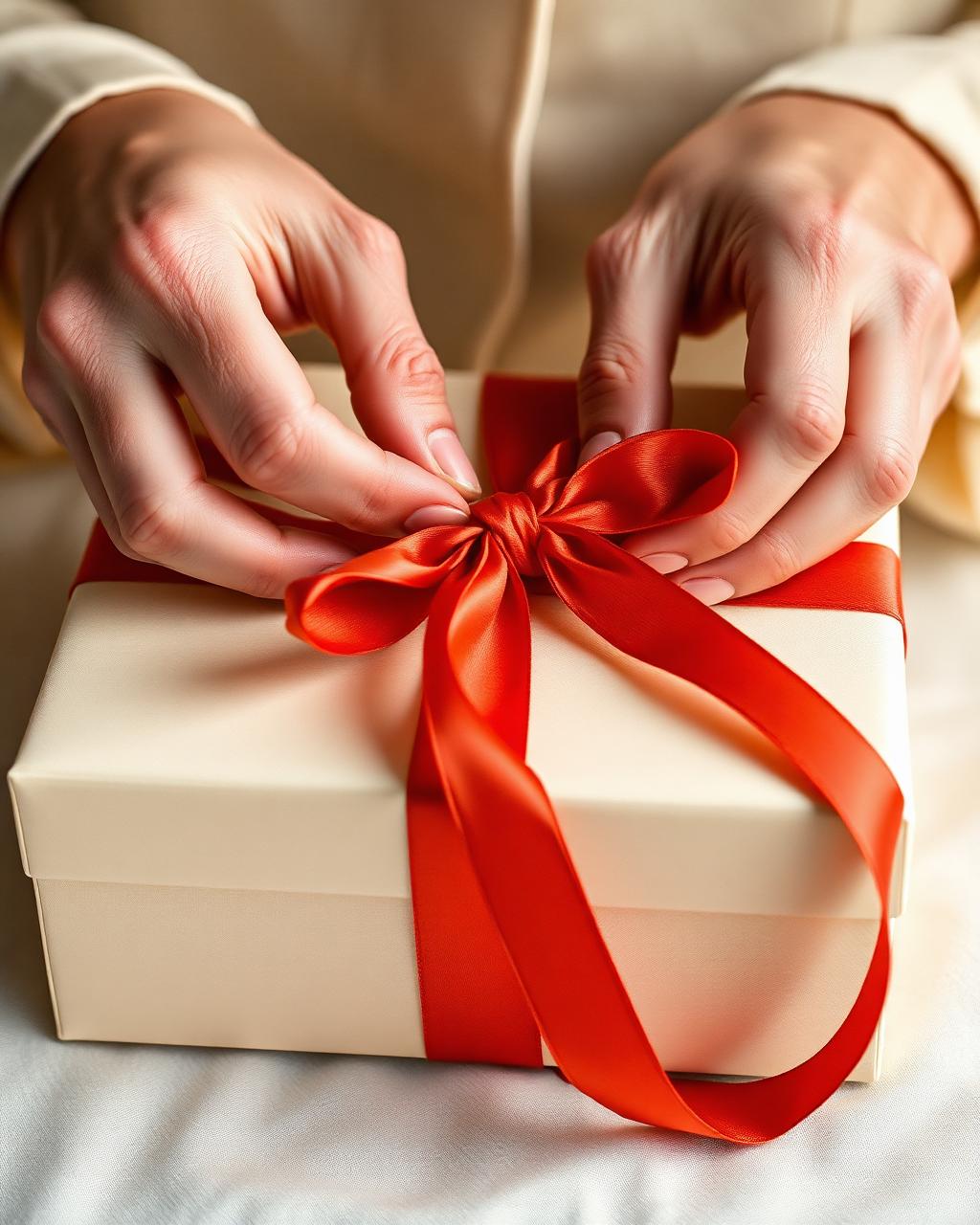 Manos atando un lazo en una caja de regalo
