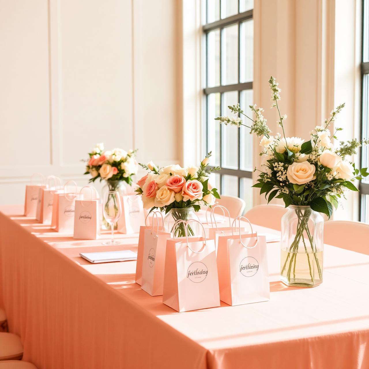Mesa de evento corporativo con bolsas de regalo